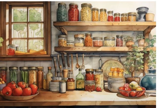 Illustration af organiseret køkkenhylde med glas og urter